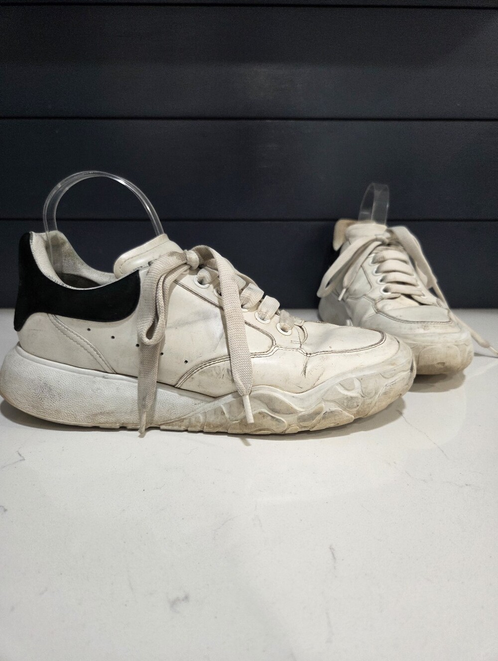 Mens Alexander McQueen White Chunky Lace Up Sneakers with Black Heel Accent Sz 8